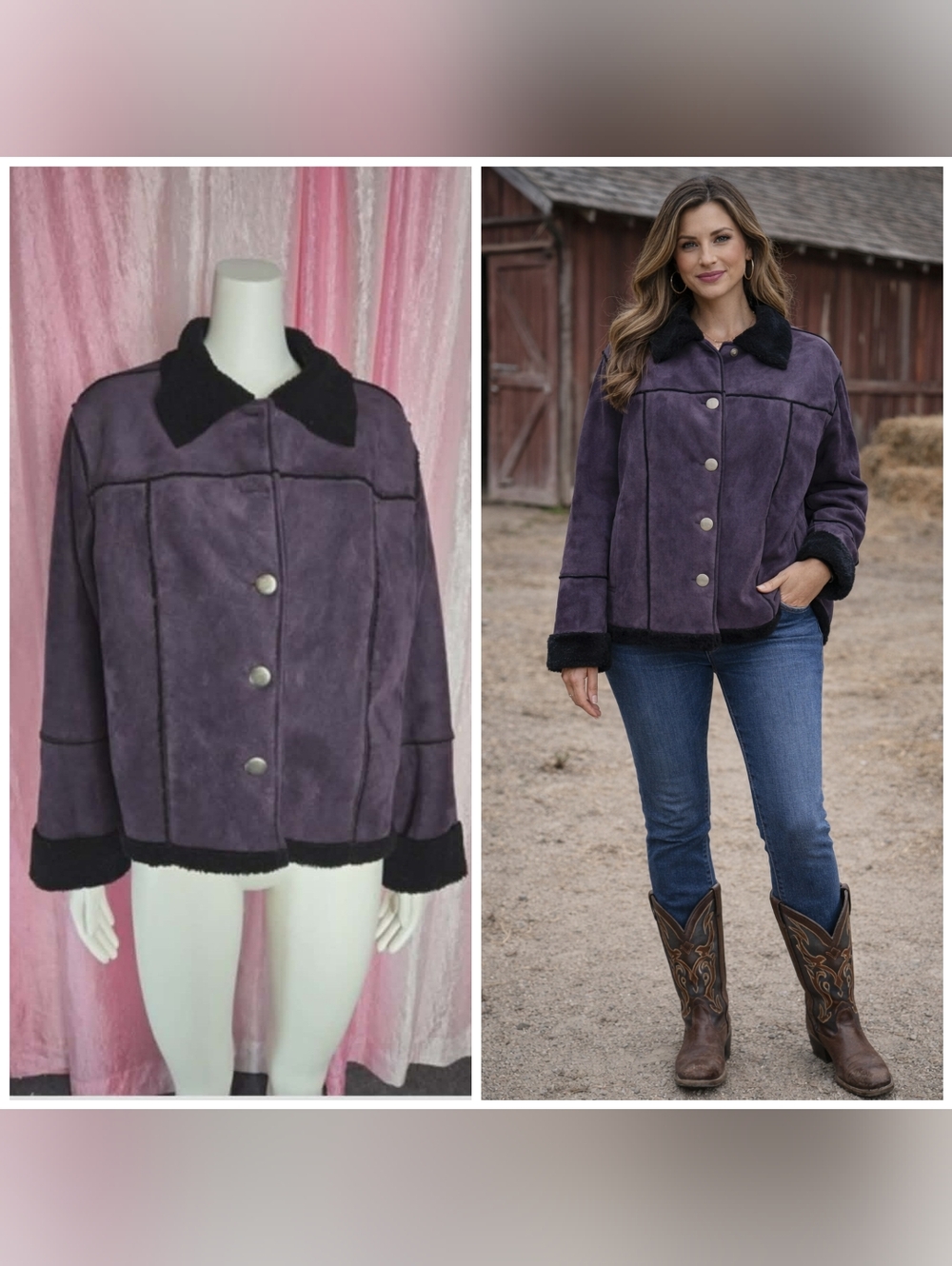 Rough Rider By Circle Purple Faux Suede Sherpa Warm Barn Jacket Size Large
